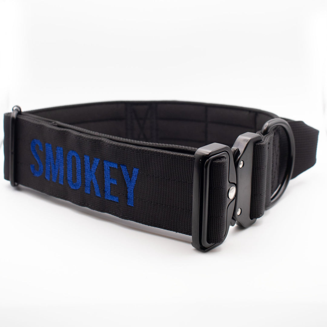 Thick dog collar for bully breeds, designed for strong pulling breeds, with personalization options for the dog’s name